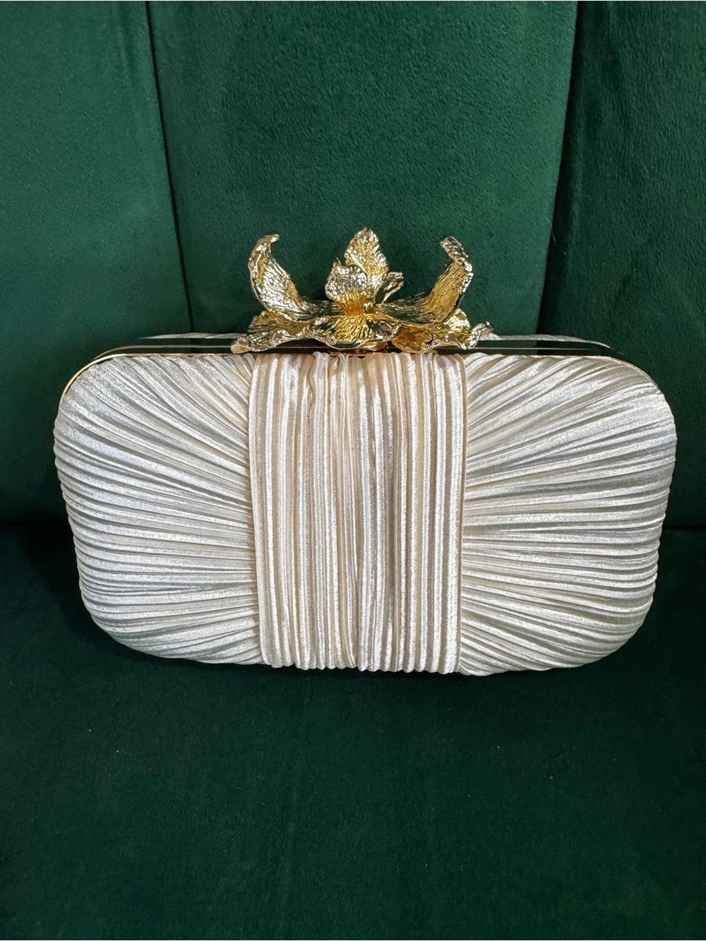 Luxury Cream Satin Box Clutch – Gold Orchid Floral Clasp Evening Bag